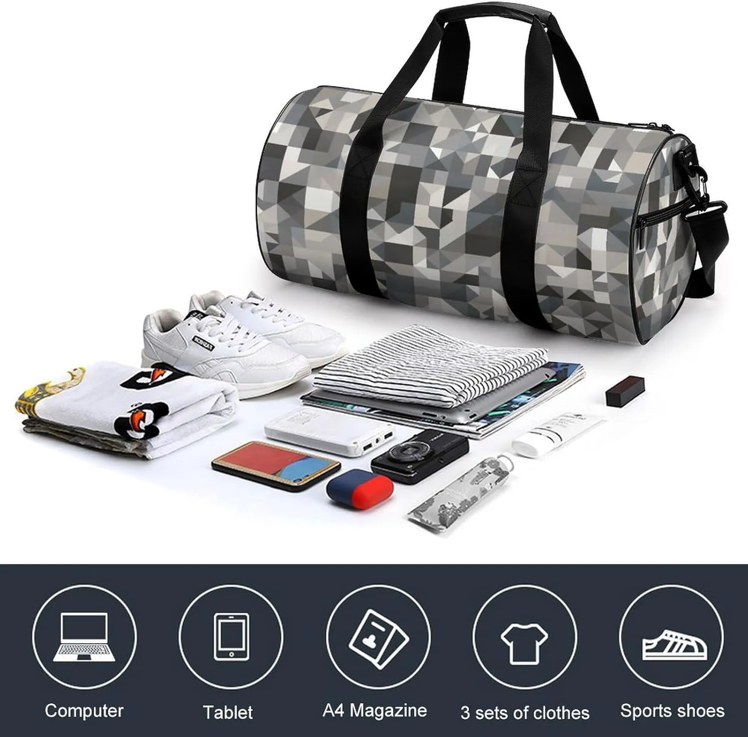 Travel Duffel Bag for Men And Women,Gray Style Pattern Waterproof Sports Fitness Bag Portable Travel Duffel Bag, 17.7in/9in/9in