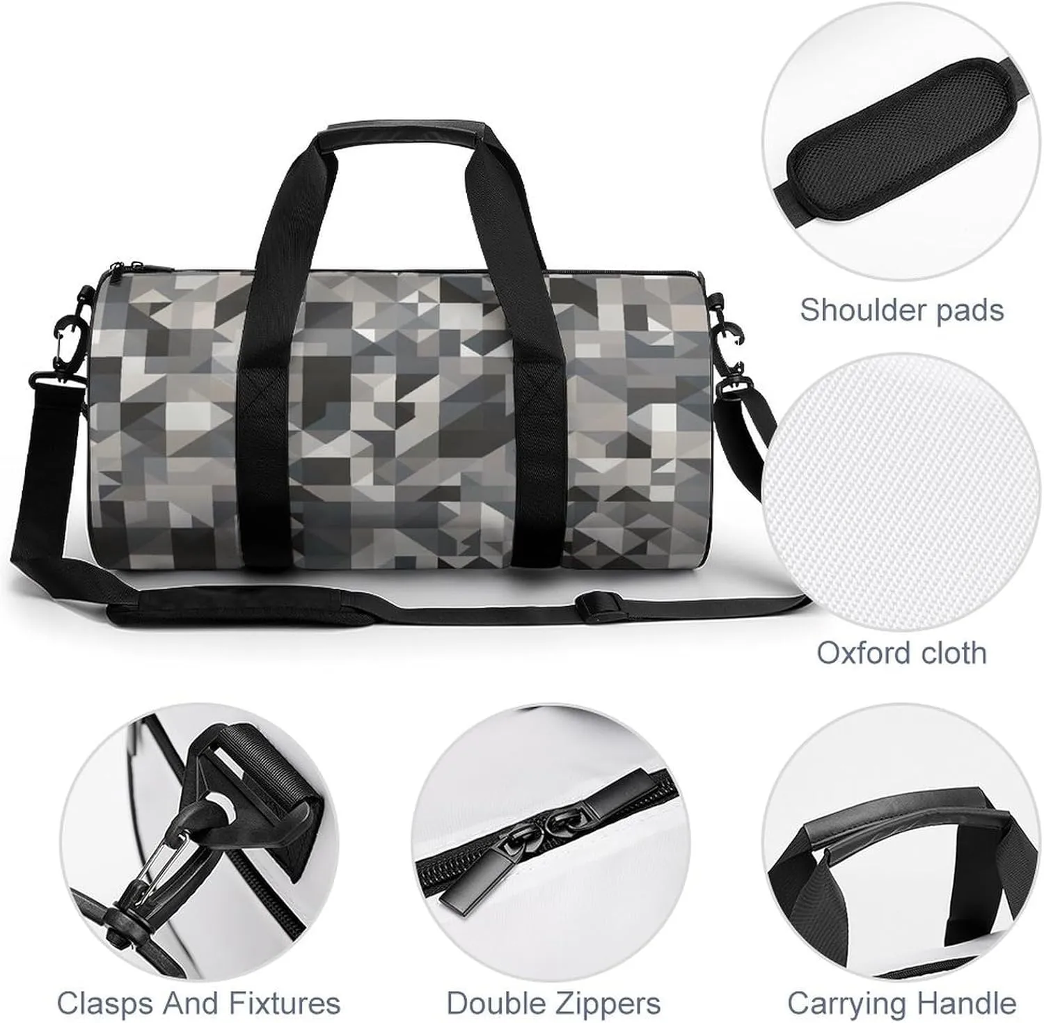 Travel Duffel Bag for Men And Women,Gray Style Pattern Waterproof Sports Fitness Bag Portable Travel Duffel Bag, 17.7in/9in/9in