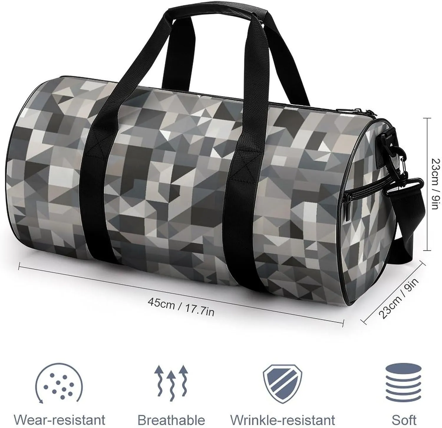 Travel Duffel Bag for Men And Women,Gray Style Pattern Waterproof Sports Fitness Bag Portable Travel Duffel Bag, 17.7in/9in/9in