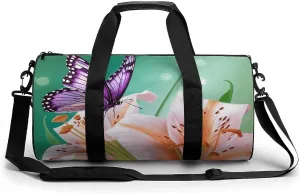 Travel Duffel Bag for Men And Women,Lilies And Butterfly Waterproof Sports Fitness Bag Portable Travel Duffel Bag