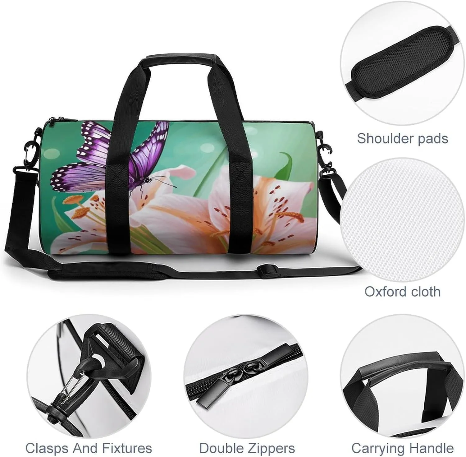 Travel Duffel Bag for Men And Women,Lilies And Butterfly Waterproof Sports Fitness Bag Portable Travel Duffel Bag