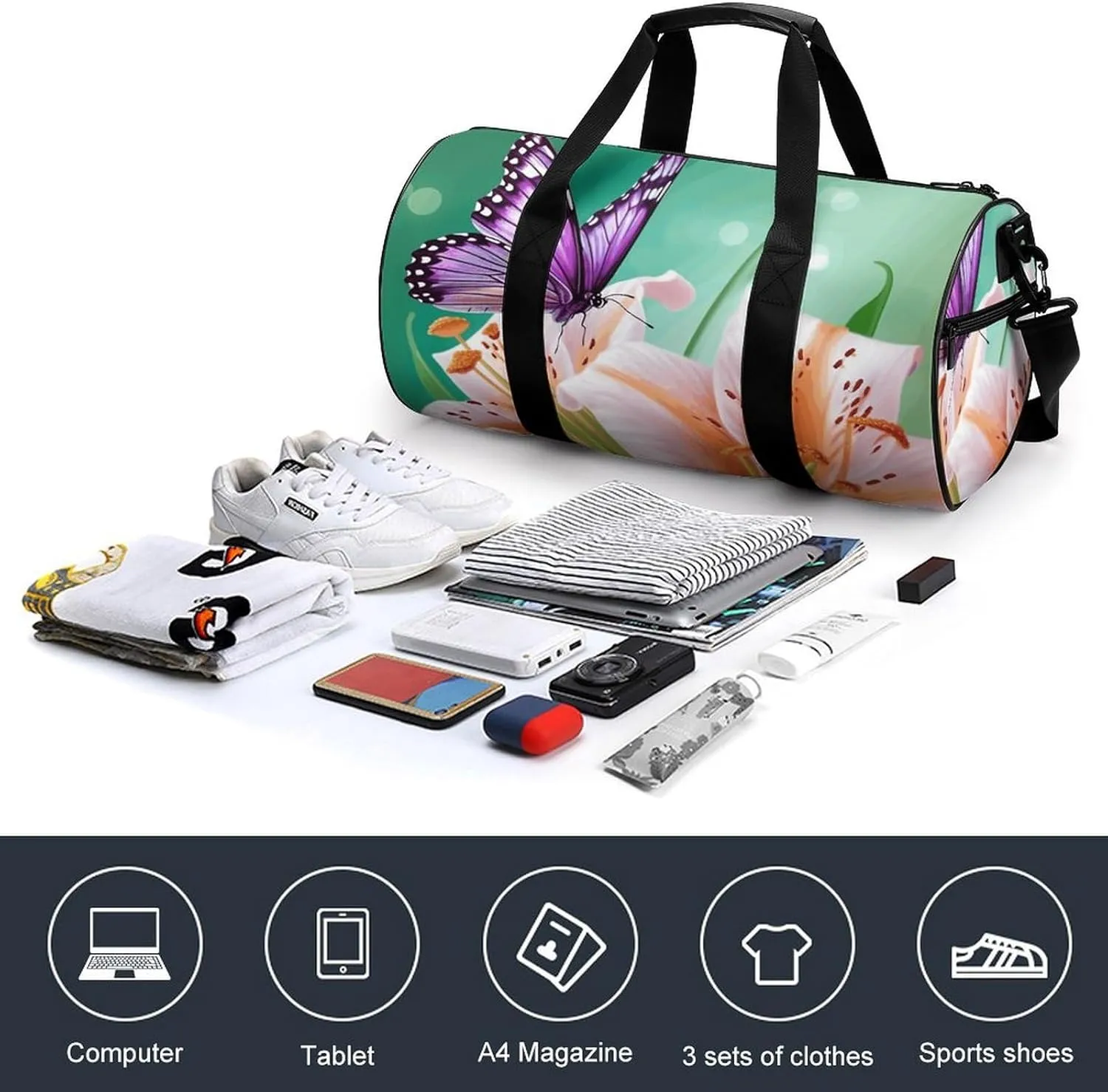 Travel Duffel Bag for Men And Women,Lilies And Butterfly Waterproof Sports Fitness Bag Portable Travel Duffel Bag