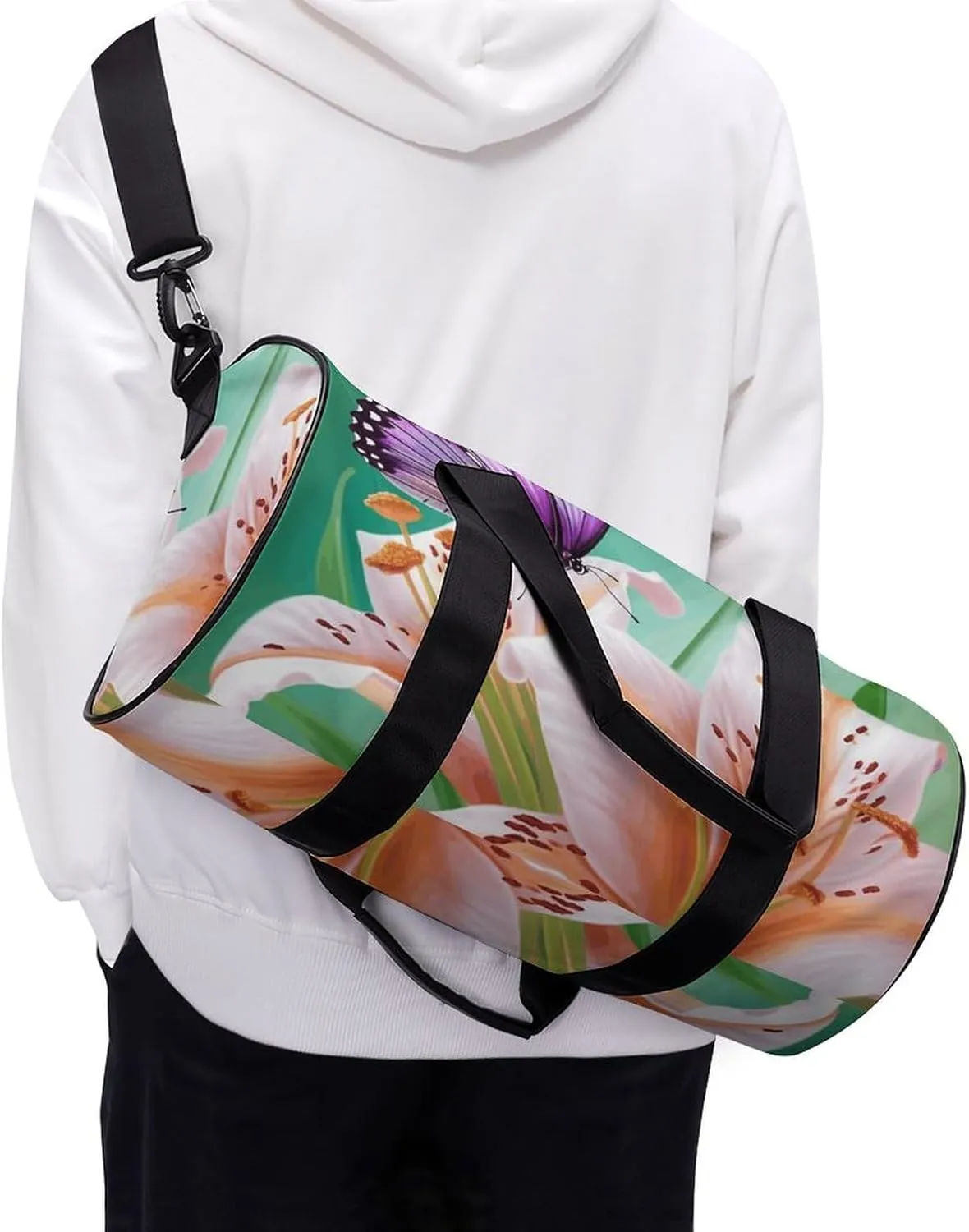 Travel Duffel Bag for Men And Women,Lilies And Butterfly Waterproof Sports Fitness Bag Portable Travel Duffel Bag