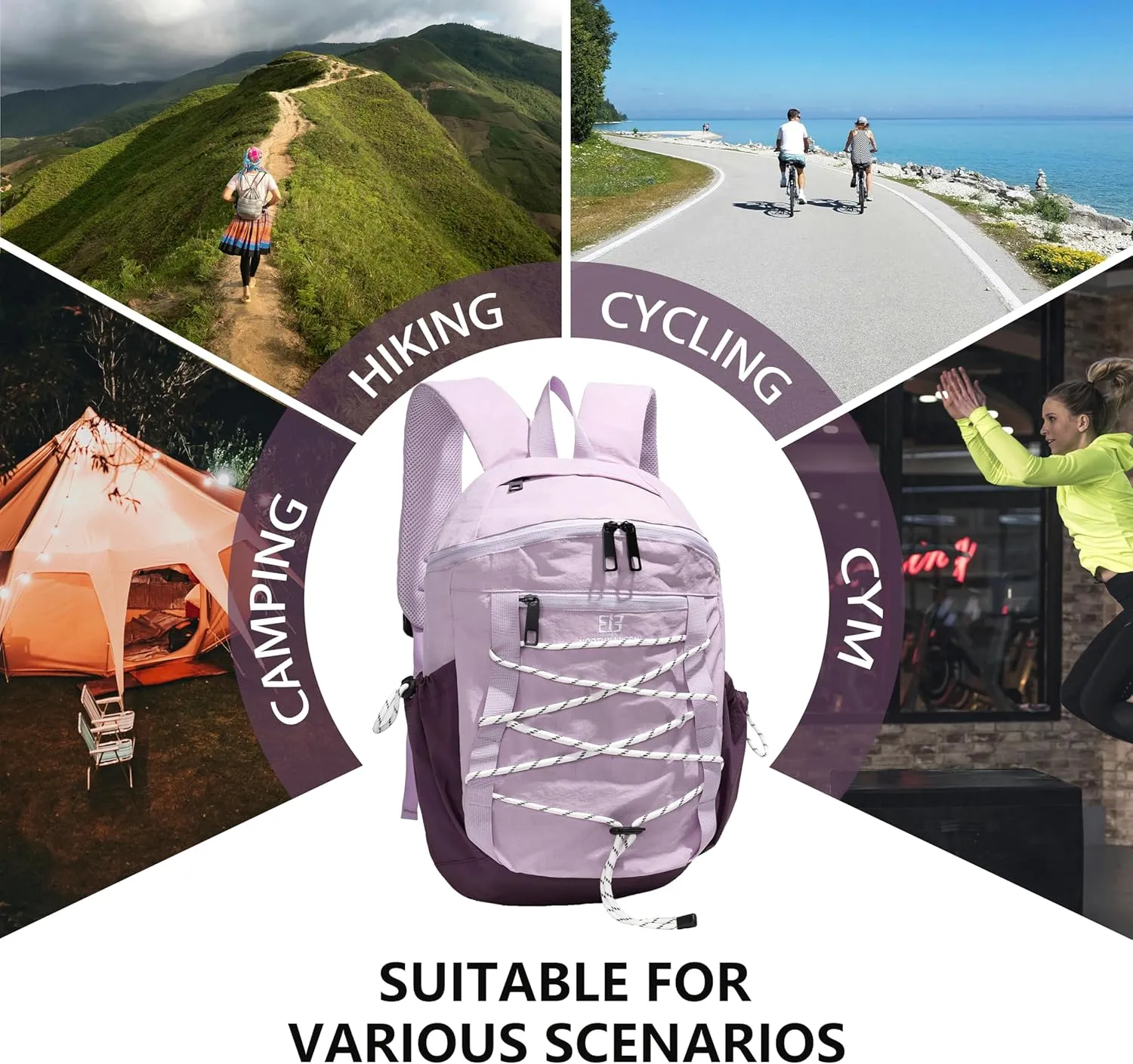 Travel Hiking Backpack for Women,Cycling bag,Lightweight,Waterproof,Outdoor Sport,Leisure,Gym,Camping,Casual Bag,Small 20L. (Purple)