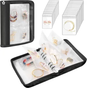 Travel Jewelry Organizer Case, Jewelry Storage Book Transparent Jewelry Binder with 96 Portable Anti Tarnish Clear Zippered Pouch Bags for Necklaces Bracelet Earrings Rings, Black