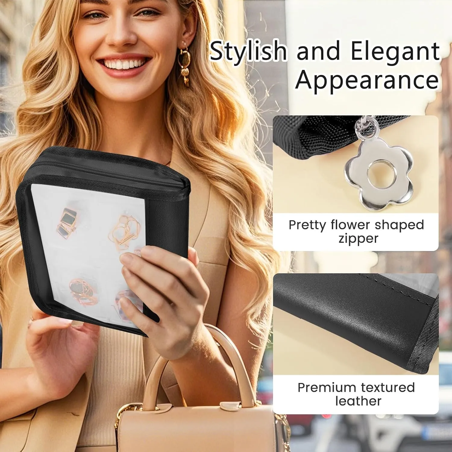 Travel Jewelry Organizer Case, Jewelry Storage Book Transparent Jewelry Binder with 96 Portable Anti Tarnish Clear Zippered Pouch Bags for Necklaces Bracelet Earrings Rings, Black