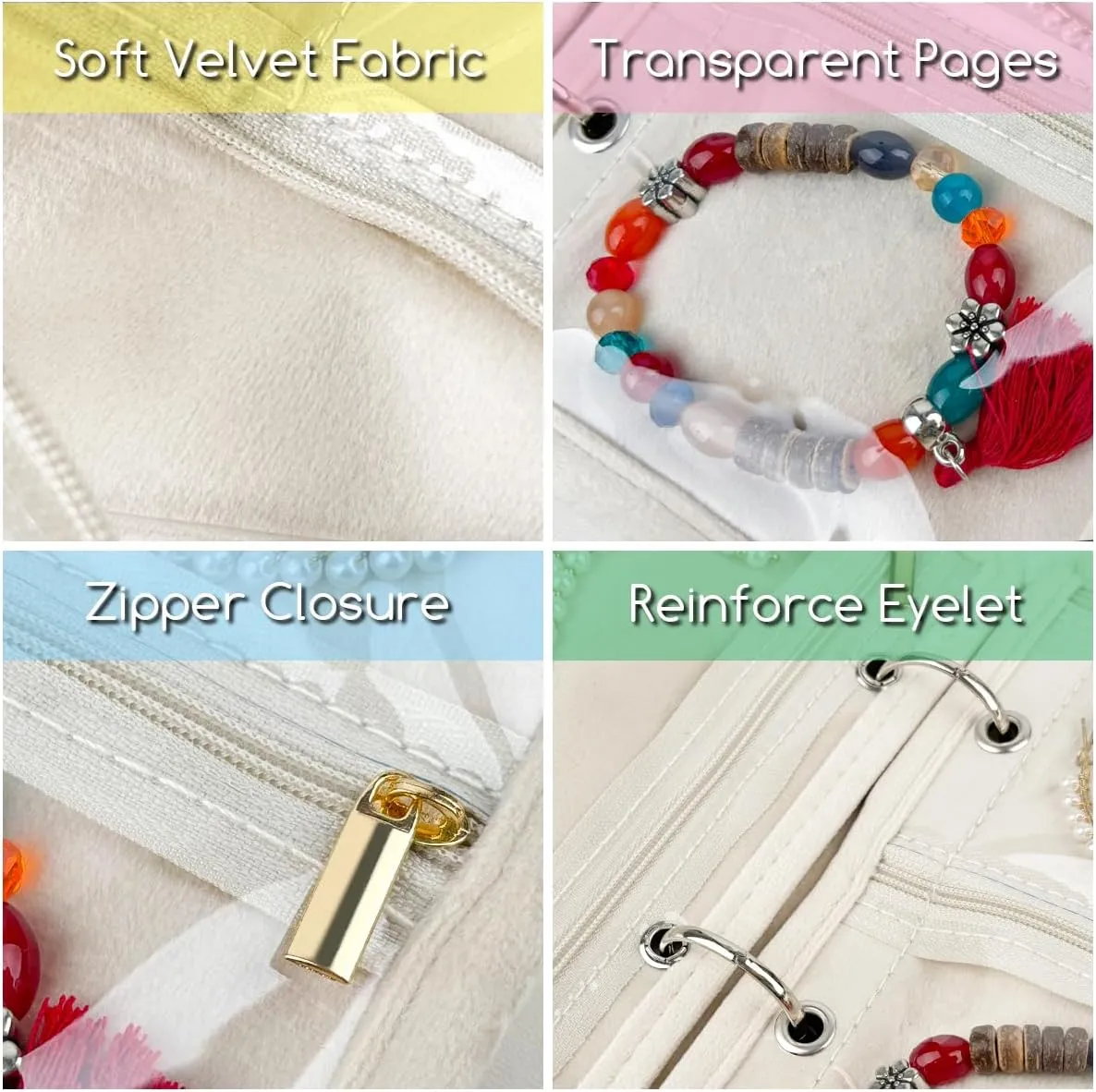 Travel Jewelry Organizer Case,Small Jewelry Bags Jewelry Storage Book Ring Binder with Clear Zipper Velvet Pouch for Traveling