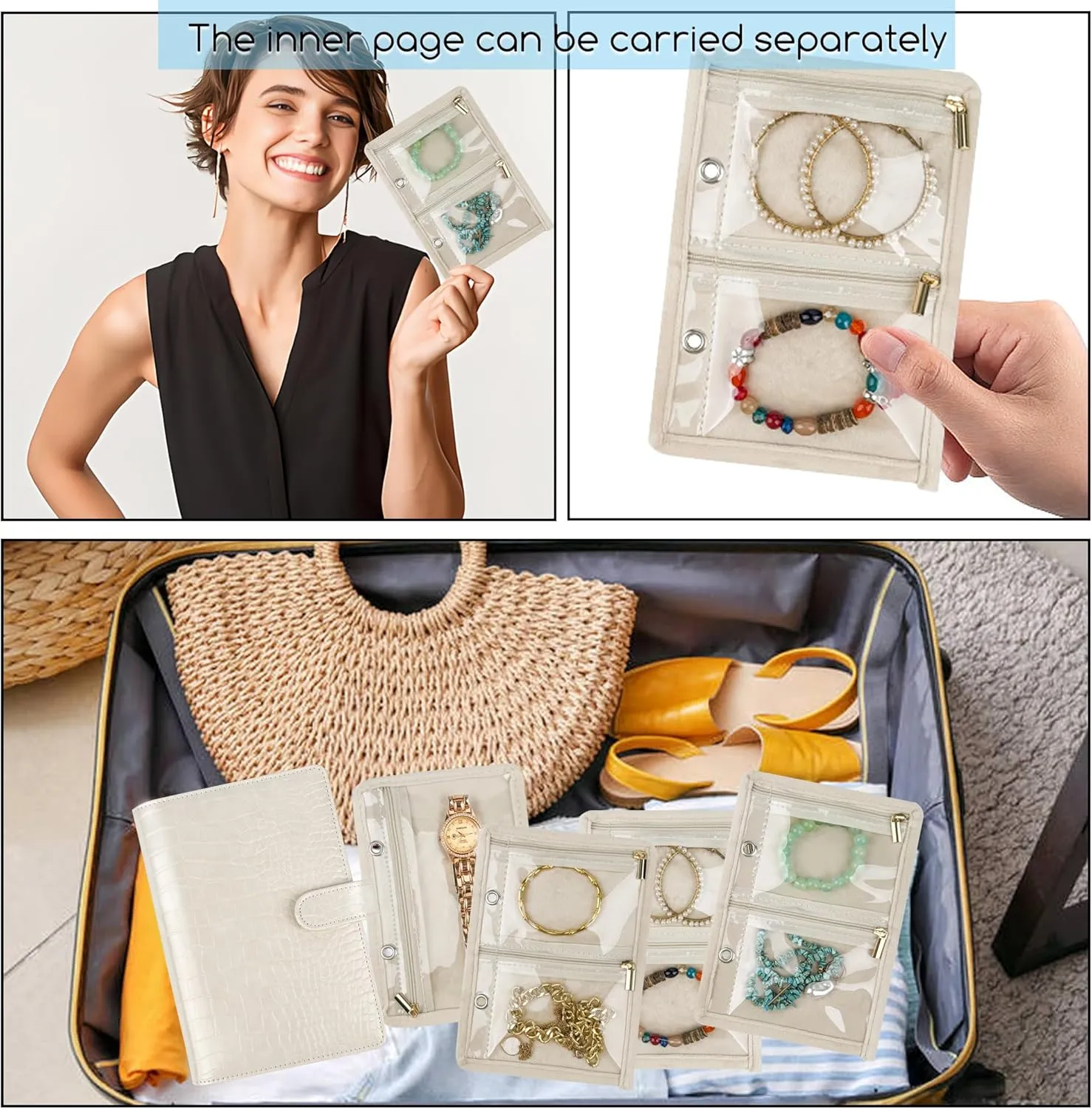 Travel Jewelry Organizer Case,Small Jewelry Bags Jewelry Storage Book Ring Binder with Clear Zipper Velvet Pouch for Traveling