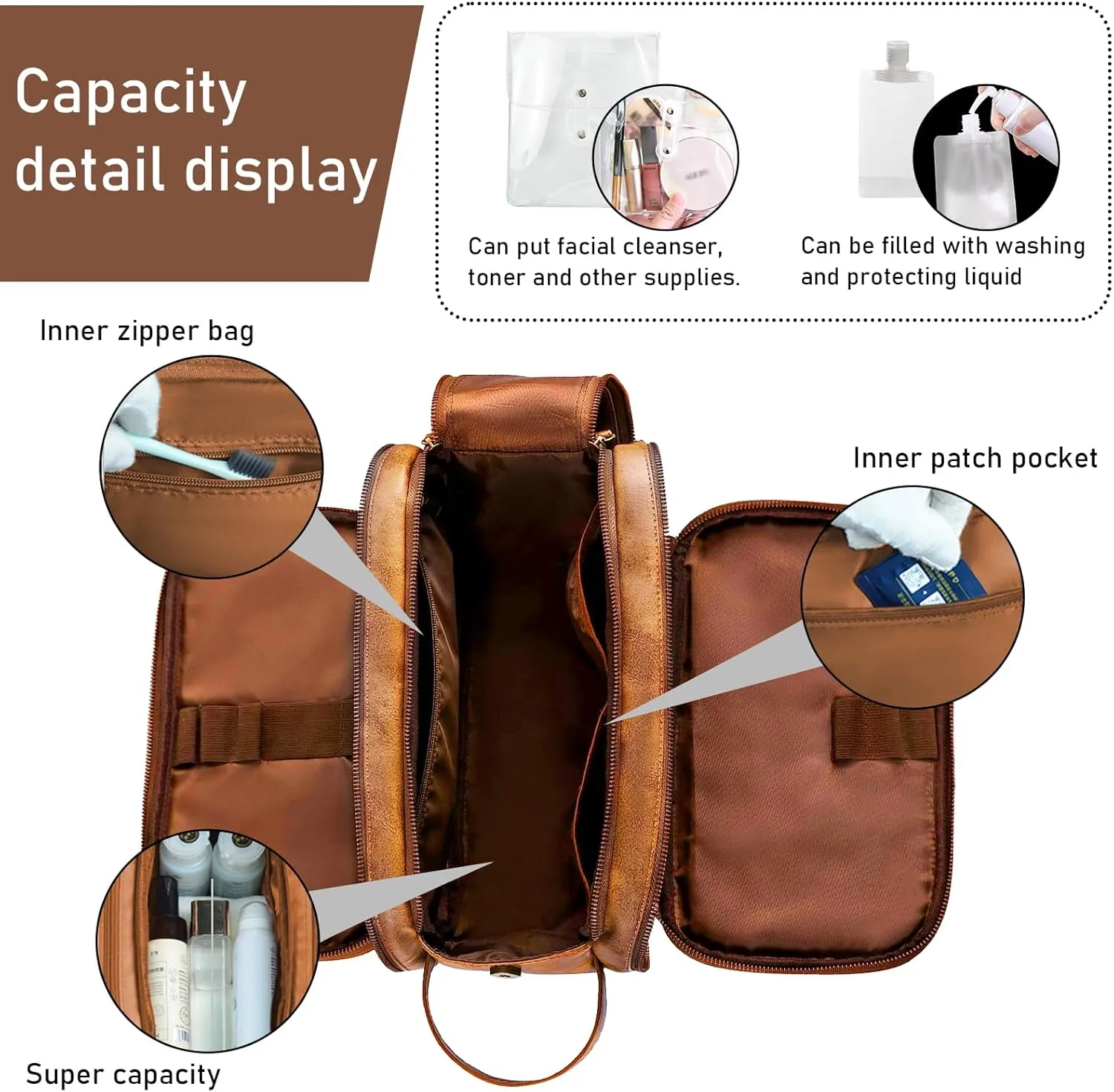 Travel Toiletry Bag for Men Large Shaving Dopp Kit Men's Cosmetics Bags Water-resistant Leather Organizer for Bathroom (brown)