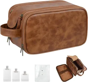 Travel Toiletry Bag for Men Large Shaving Dopp Kit Men's Cosmetics Bags Water-resistant Leather Organizer for Bathroom (brown)