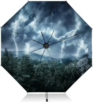 Travel Umbrella for Rain Windproof thunderstorm flash the mountains topic weather Automatic Cute Portable Compact Umbrella for Women Purse Backpack Car Black Sun UV Protection