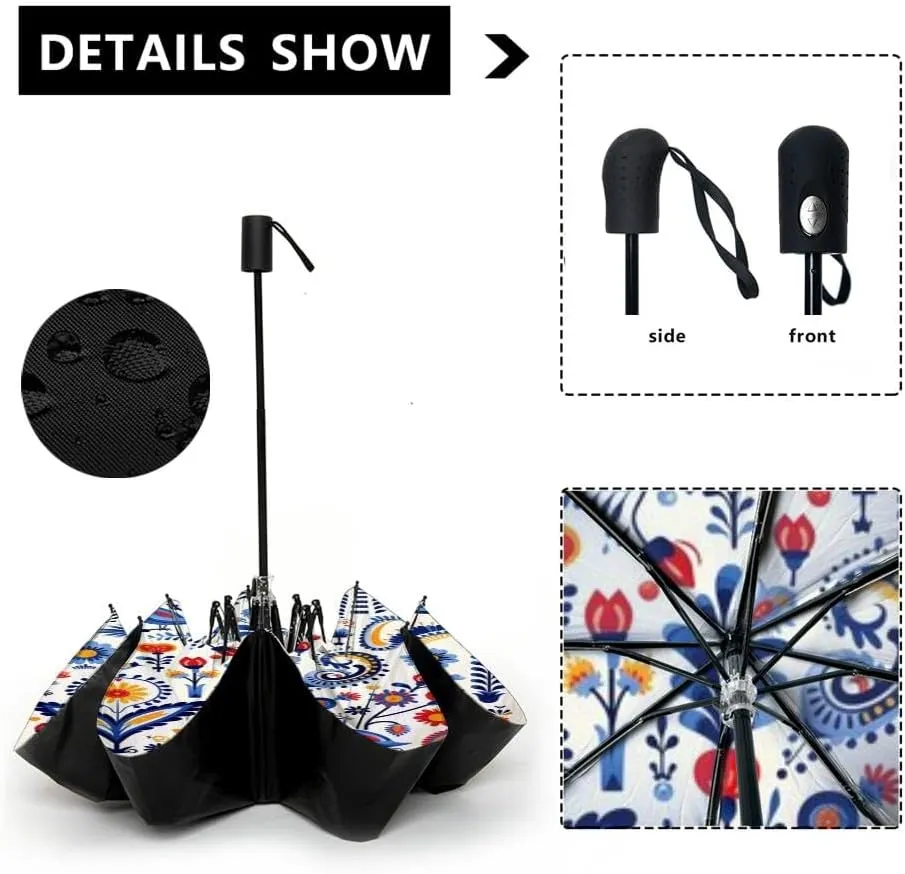 Travel Umbrella for Rain Windproof Trendy floral Simple white small daisies leaves Hand drawn cartoon Automatic Cute Portable Compact Umbrella for Women Purse Backpack Car Black Sun UV Protection