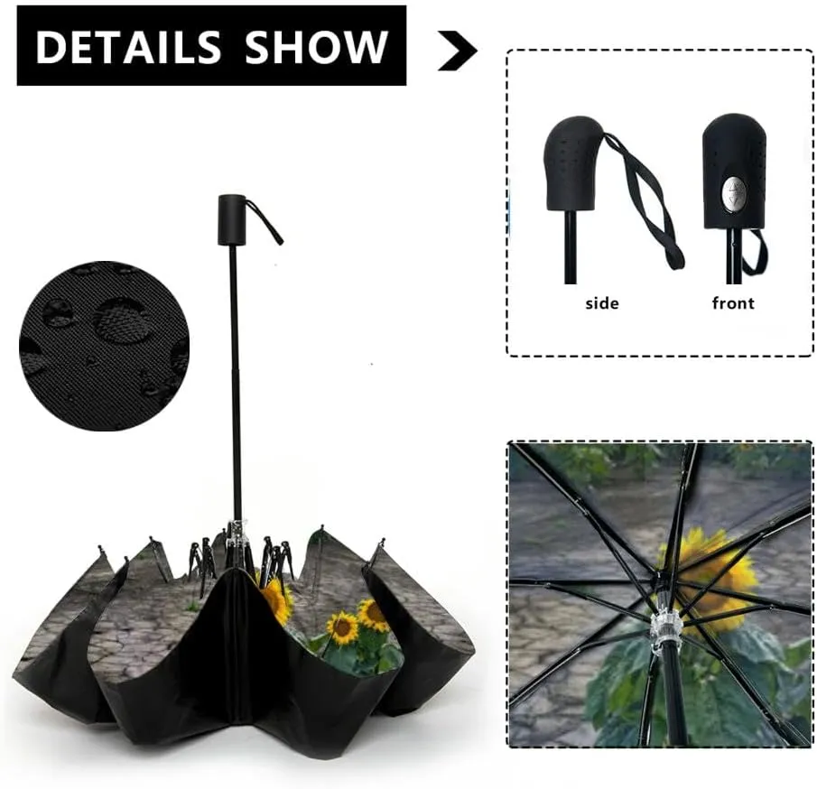 Travel Umbrella for Rain Windproof Yellow sunflower Automatic Cute Portable Compact Umbrella for Women Purse Backpack Car Black Sun UV Protection