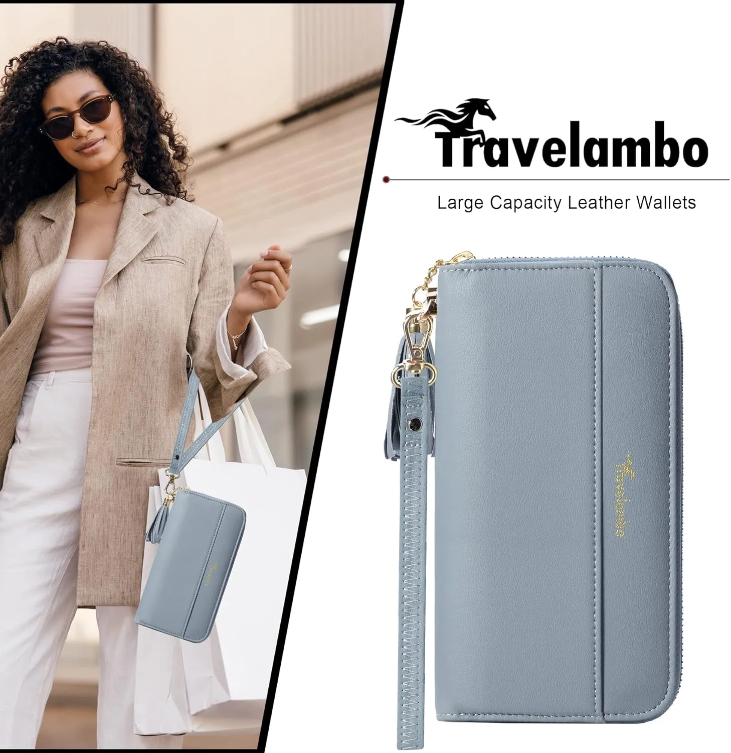 Travelambo Womens Wallet Tassel Bifold Ladies Cluth Wristlet Wrist strap Long Purse