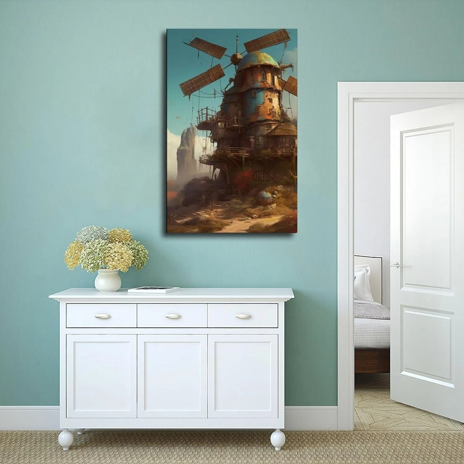 TREKAGF Fantasy Windmill Mountain Sky Art Poster Canvas Poster Bedroom Decor Landscape Office Room Decor Gift 20x30inch(50x75cm)