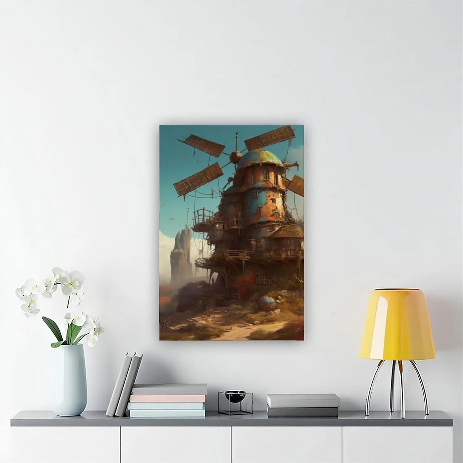 TREKAGF Fantasy Windmill Mountain Sky Art Poster Canvas Poster Bedroom Decor Landscape Office Room Decor Gift 20x30inch(50x75cm)