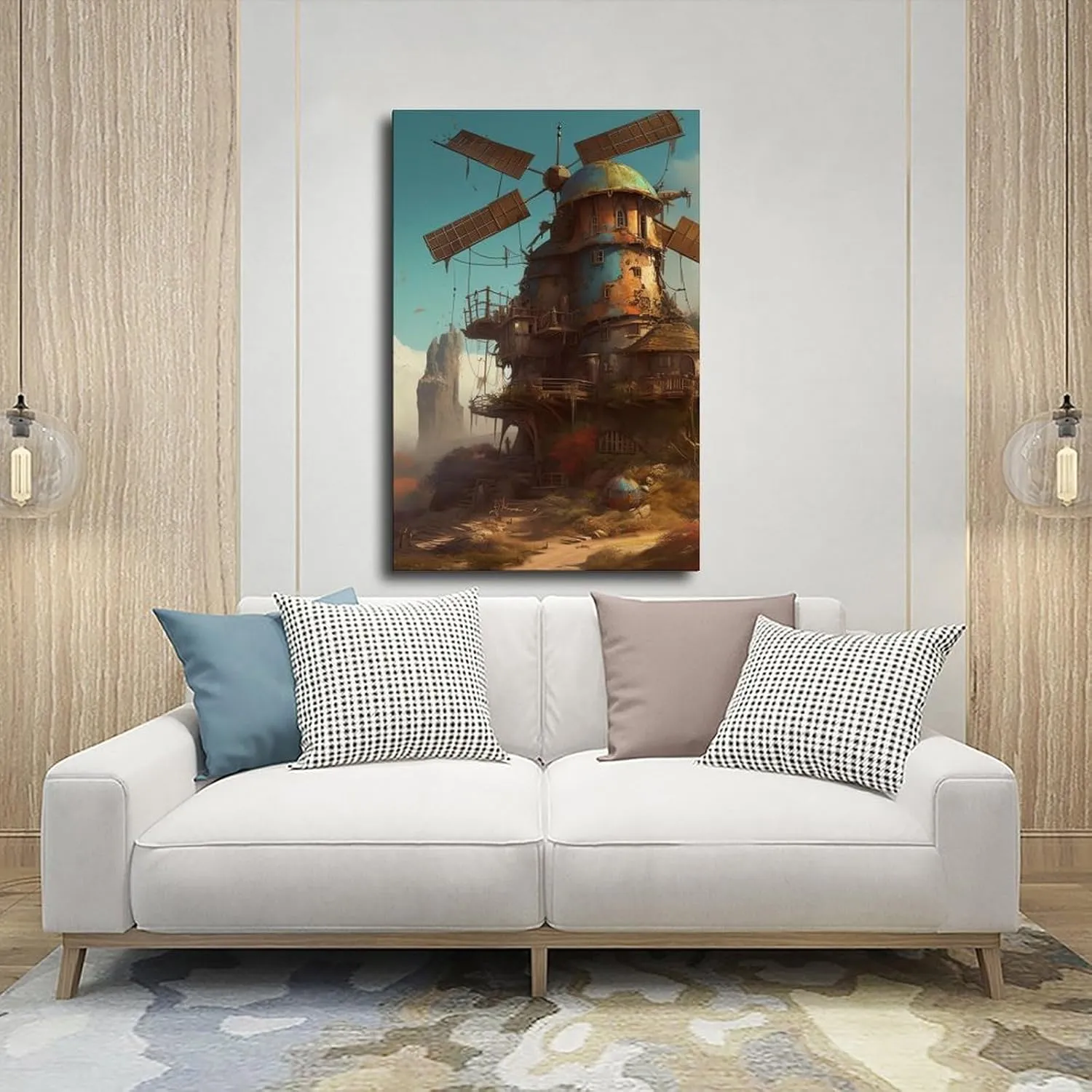 TREKAGF Fantasy Windmill Mountain Sky Art Poster Canvas Poster Bedroom Decor Landscape Office Room Decor Gift 20x30inch(50x75cm)