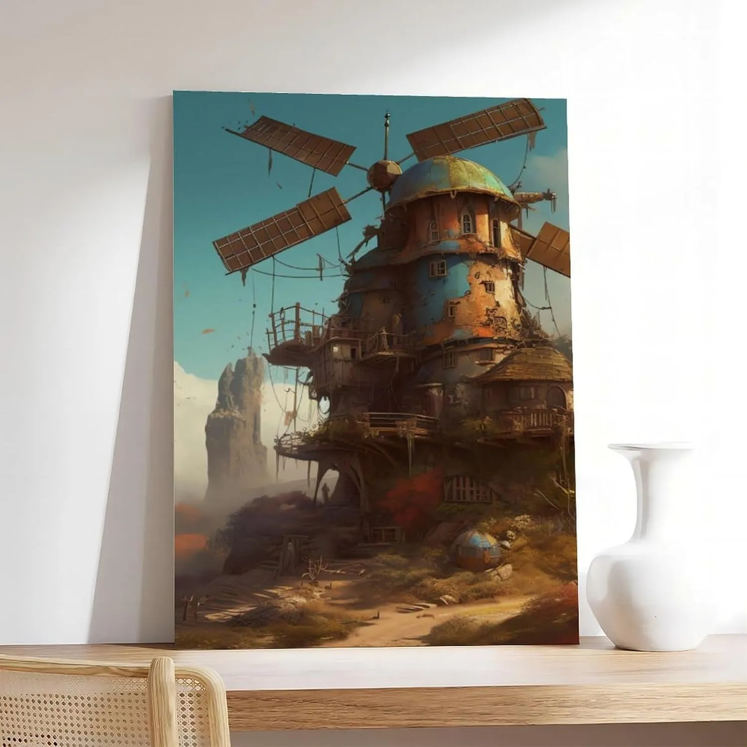 TREKAGF Fantasy Windmill Mountain Sky Art Poster Canvas Poster Bedroom Decor Landscape Office Room Decor Gift 20x30inch(50x75cm)