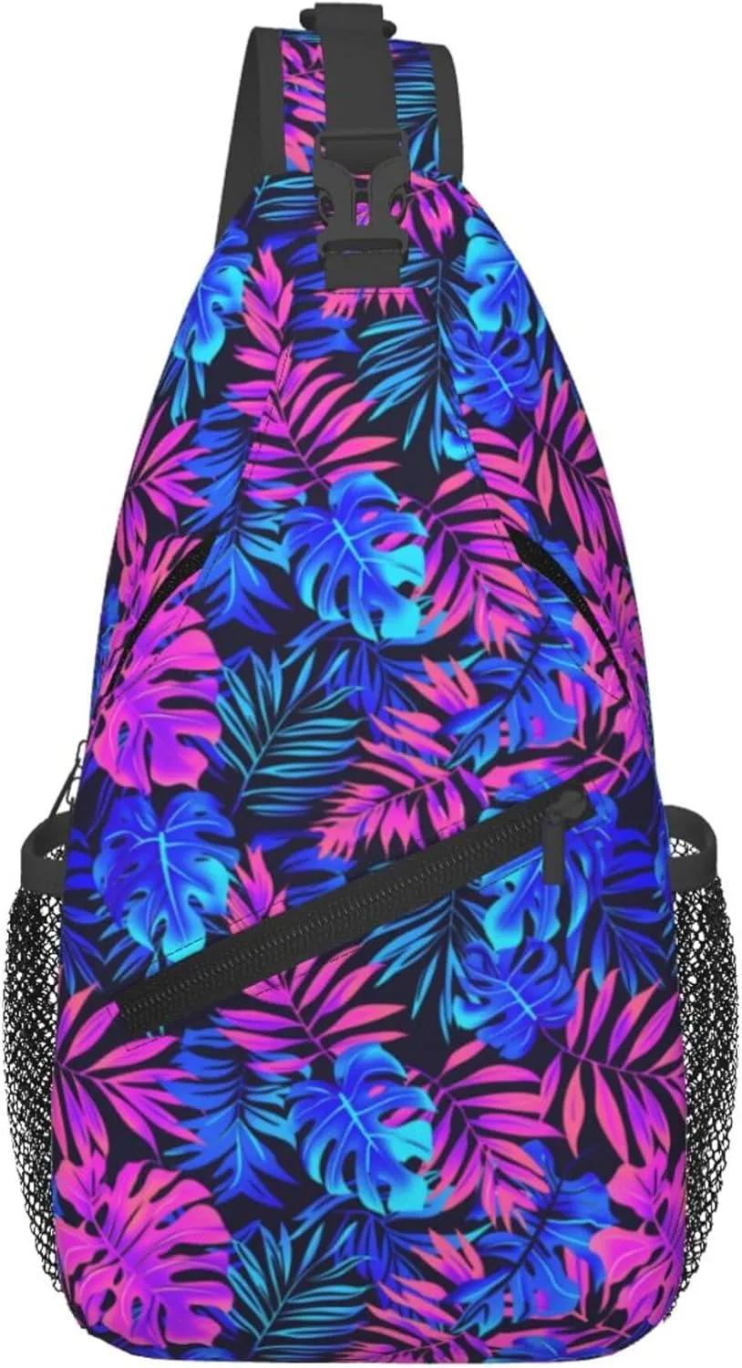 Tropical Hawaii Neon Palm Leav Crossbody bags for women Men Sling Bag Travel Chest Backpack Leisure Sports Outdoor Running Hiking