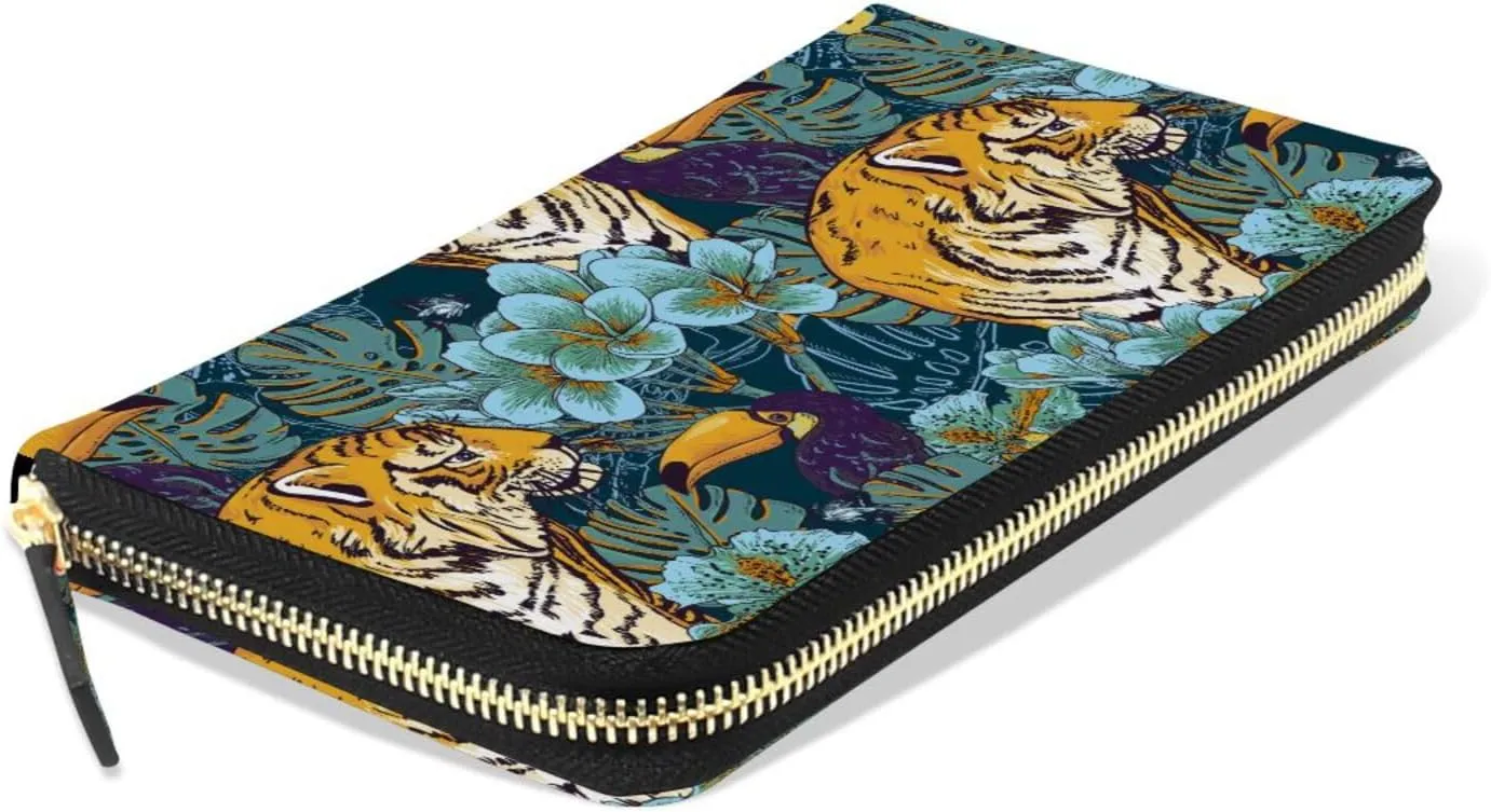 Tropical Seamless Exotic Turquoise Flowers, Toucan and Yellow Tiger Leather Long Wallet Organizer with Zipper Purse Clutch Bag for Women Men Key Card Coin Passport Checkbook 8 x 4 inch