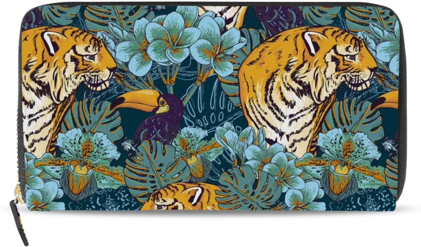 Tropical Seamless Exotic Turquoise Flowers, Toucan and Yellow Tiger Leather Long Wallet Organizer with Zipper Purse Clutch Bag for Women Men Key Card Coin Passport Checkbook 8 x 4 inch