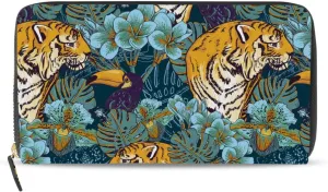 Tropical Seamless Exotic Turquoise Flowers, Toucan and Yellow Tiger Leather Long Wallet Organizer with Zipper Purse Clutch Bag for Women Men Key Card Coin Passport Checkbook 8 x 4 inch