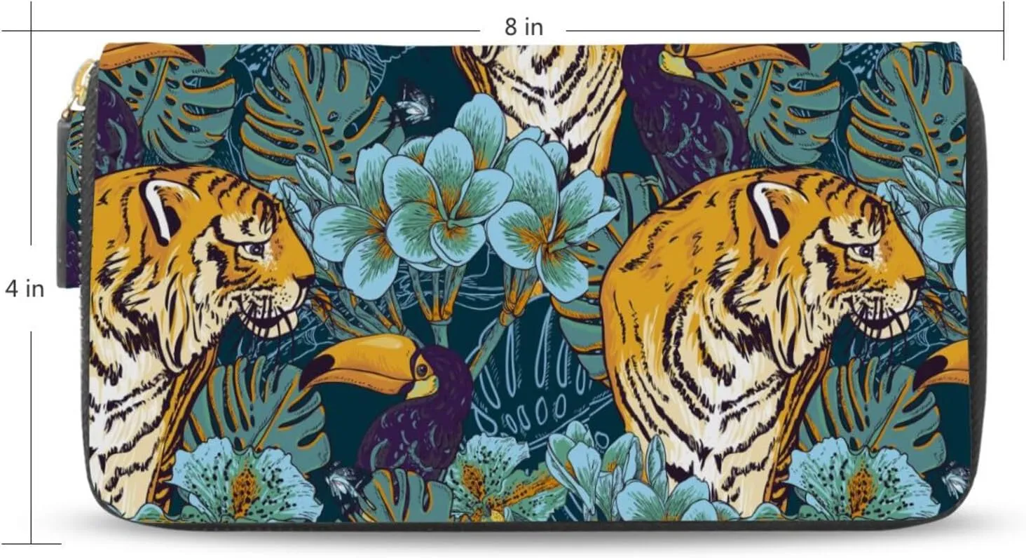 Tropical Seamless Exotic Turquoise Flowers, Toucan and Yellow Tiger Leather Long Wallet Organizer with Zipper Purse Clutch Bag for Women Men Key Card Coin Passport Checkbook 8 x 4 inch