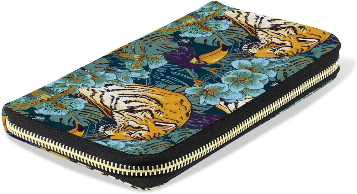 Tropical Seamless Exotic Turquoise Flowers, Toucan and Yellow Tiger Leather Long Wallet Organizer with Zipper Purse Clutch Bag for Women Men Key Card Coin Passport Checkbook 8 x 4 inch