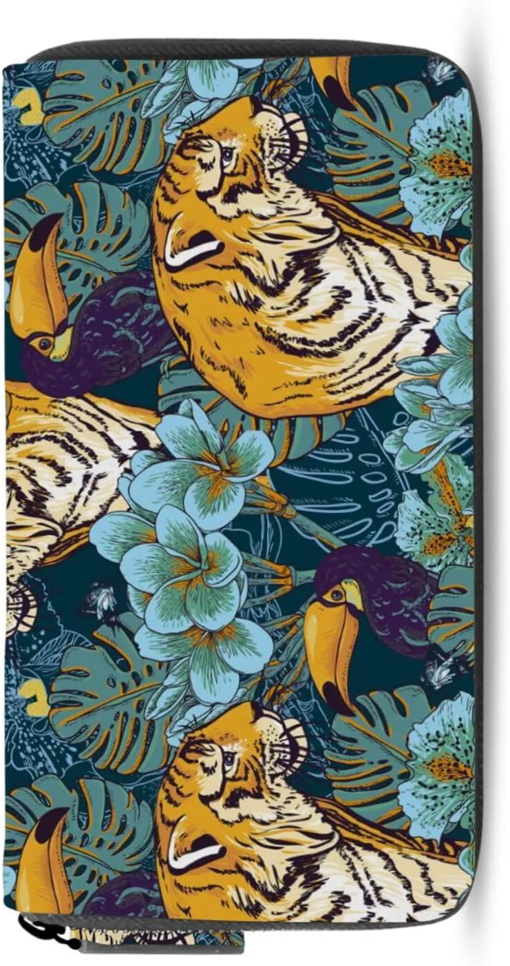 Tropical Seamless Exotic Turquoise Flowers, Toucan and Yellow Tiger Leather Long Wallet Organizer with Zipper Purse Clutch Bag for Women Men Key Card Coin Passport Checkbook 8 x 4 inch