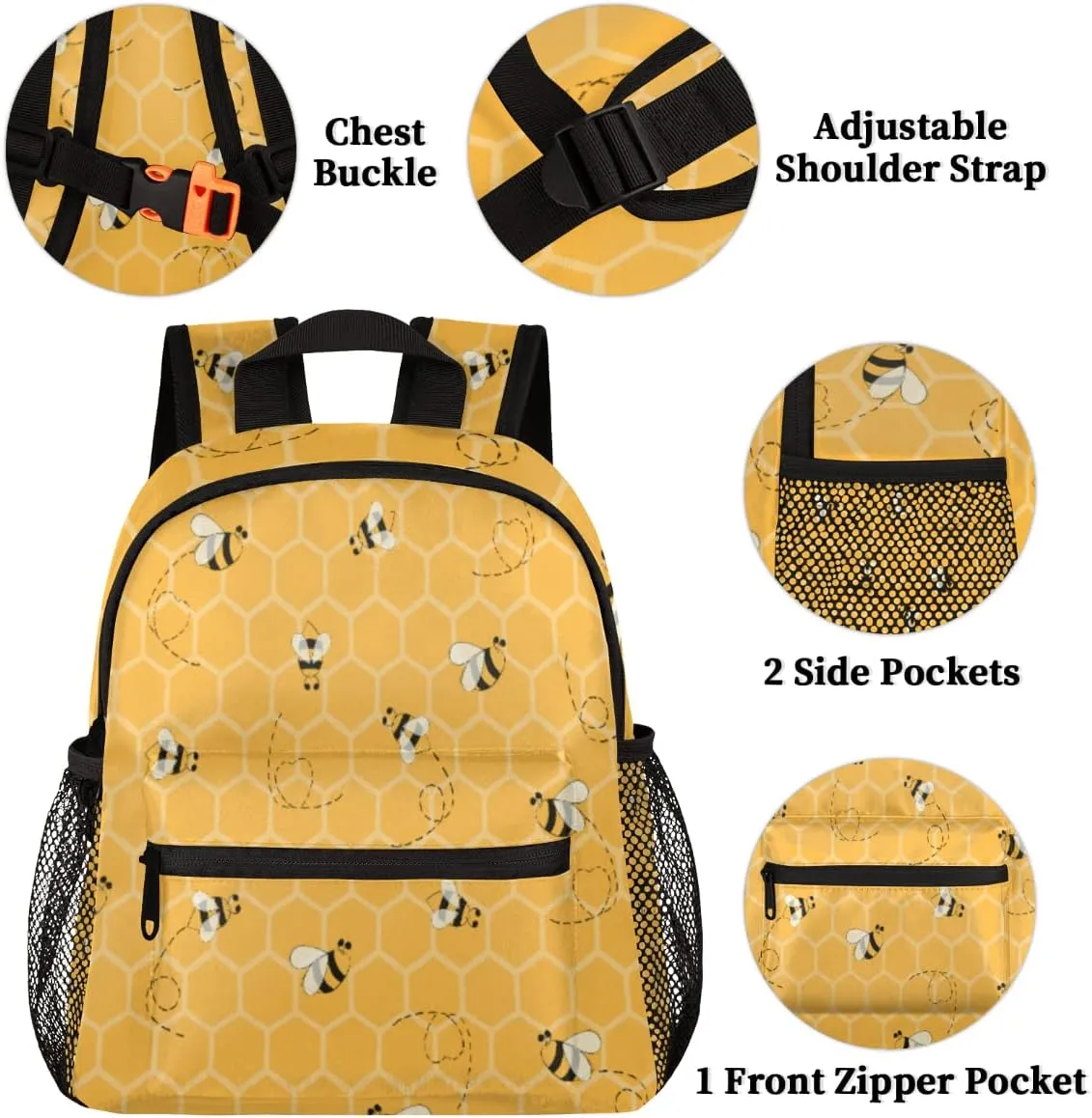 TropicalLife Toddler Backpack Cute Bee Kids Backpack for Boys and Girls Honeycomb Animal Bee Preschool Bag Kindergarten Schoolbag With Chest Strap