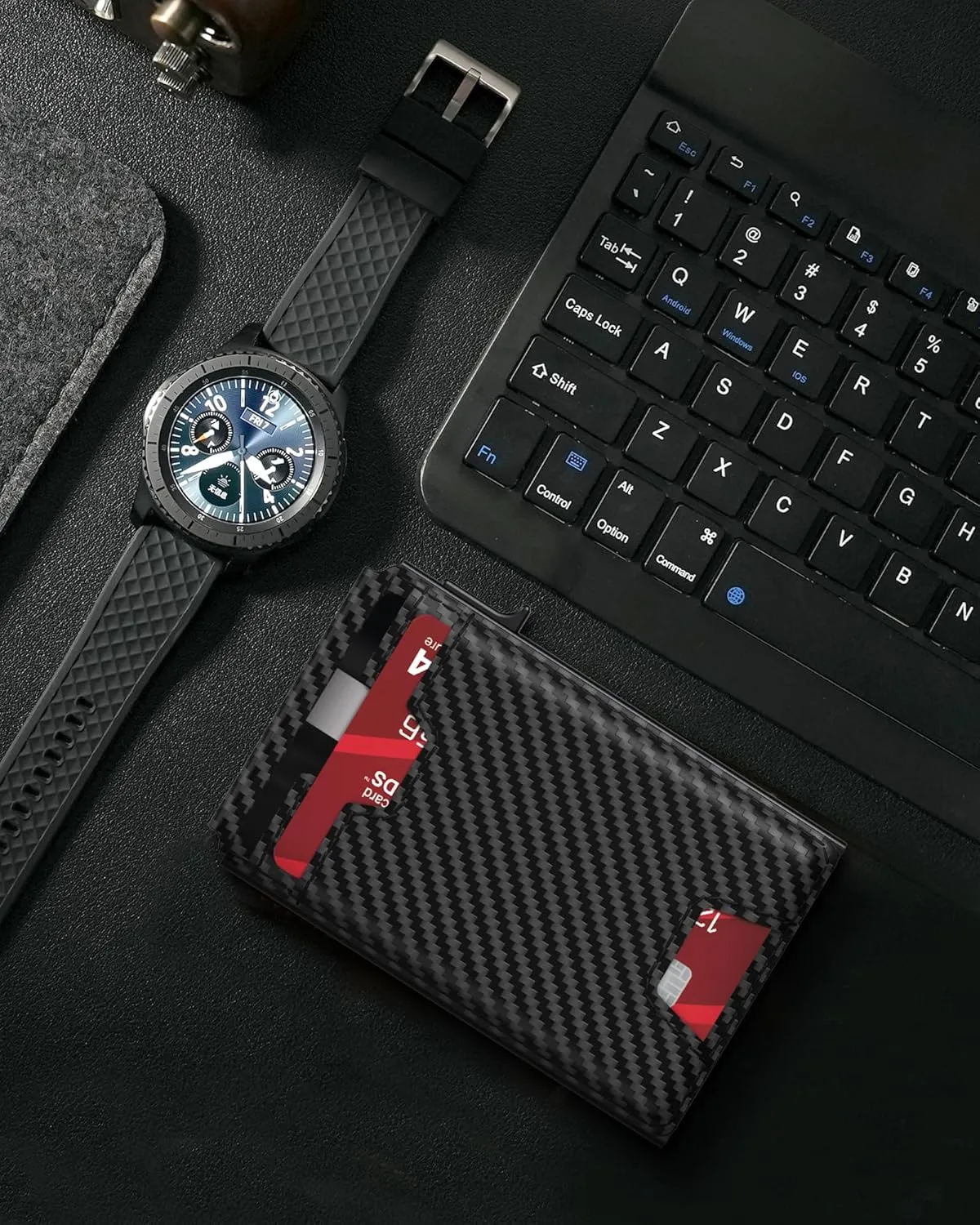 typecase Mens Wallet Card Holder: Pop Up Card Case, Genuine Leather, RFID Blocking, Smart, Slim, Minimalist, Thin - 13 Card Capacitiy, ID Window, Cash Strap (Carbon Fiber)