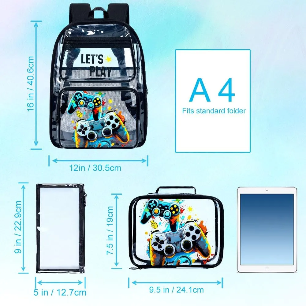 UFNDC 3PCS Clear Backpack for Girls and Boys, Unicorn Cat Transparent Bookbag, See Through School Bag for Kids Elementary