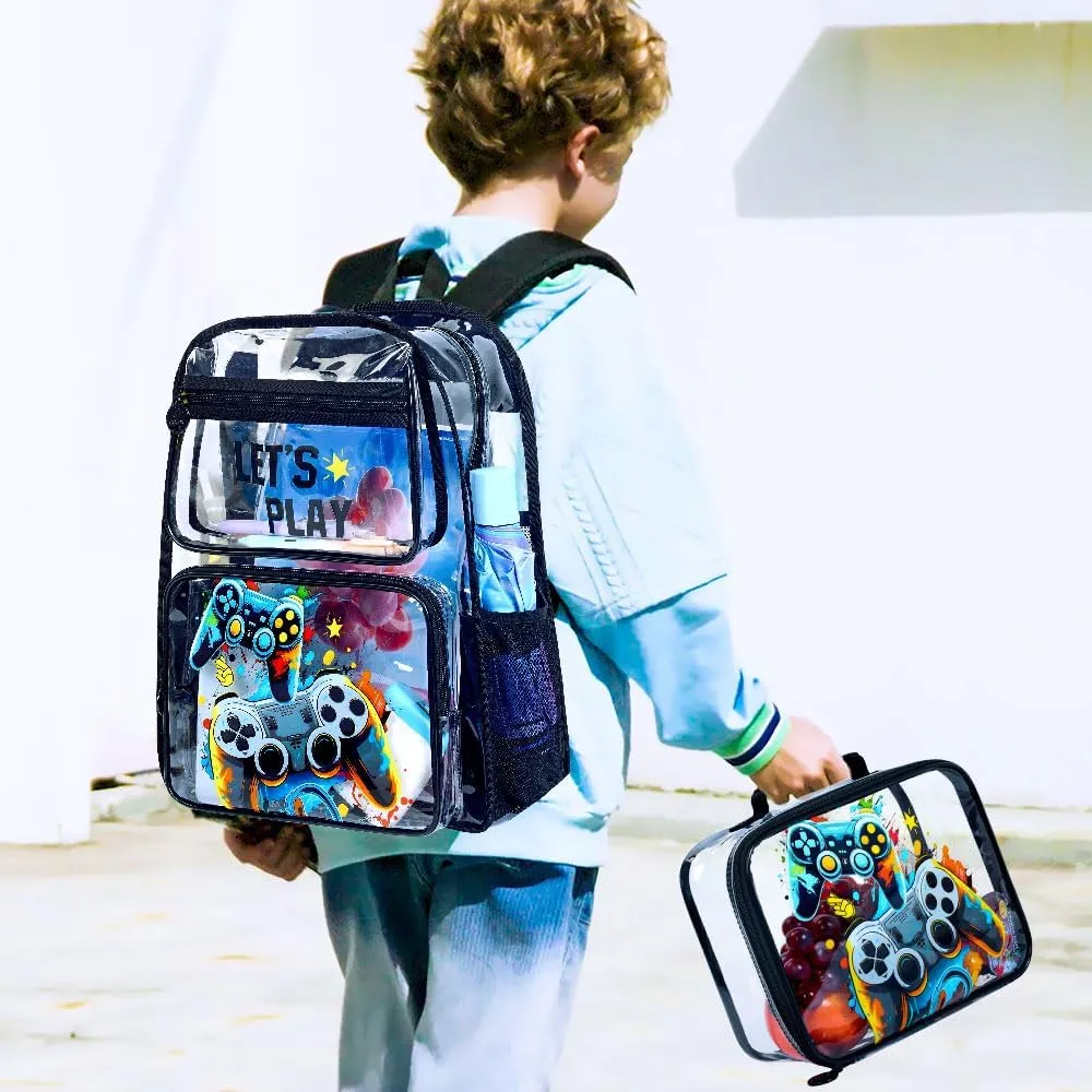 UFNDC 3PCS Clear Backpack for Girls and Boys, Unicorn Cat Transparent Bookbag, See Through School Bag for Kids Elementary