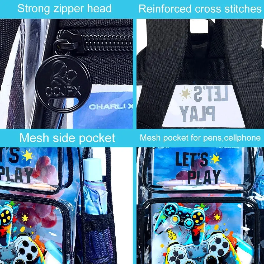 UFNDC 3PCS Clear Backpack for Girls and Boys, Unicorn Cat Transparent Bookbag, See Through School Bag for Kids Elementary