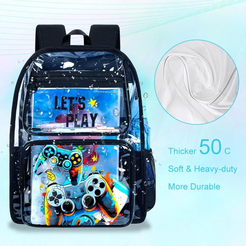 UFNDC 3PCS Clear Backpack for Girls and Boys, Unicorn Cat Transparent Bookbag, See Through School Bag for Kids Elementary