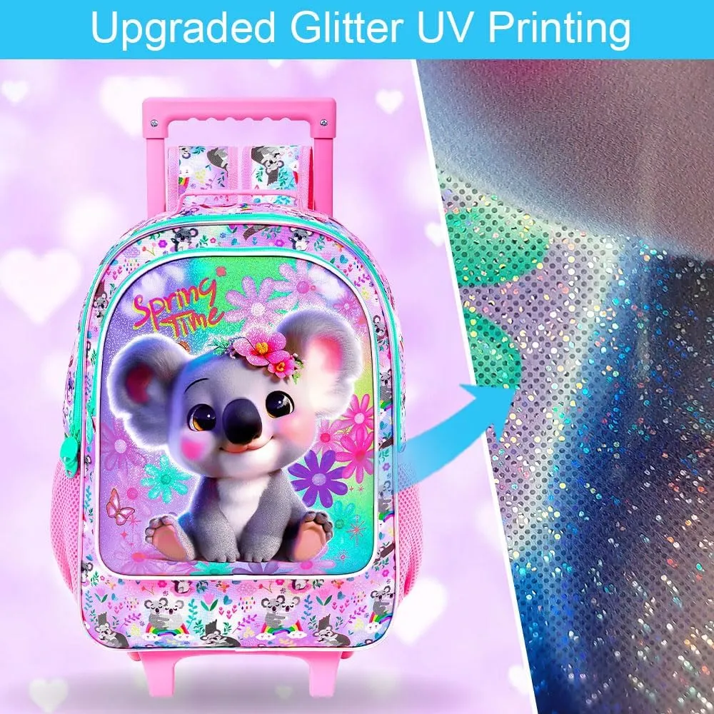 UFNDC 4PCS Rolling Backpack for Girls, Cute Kids Koala Wheeled Bookbag，Roller School Bag with Wheels for Elementary Preschool Travel