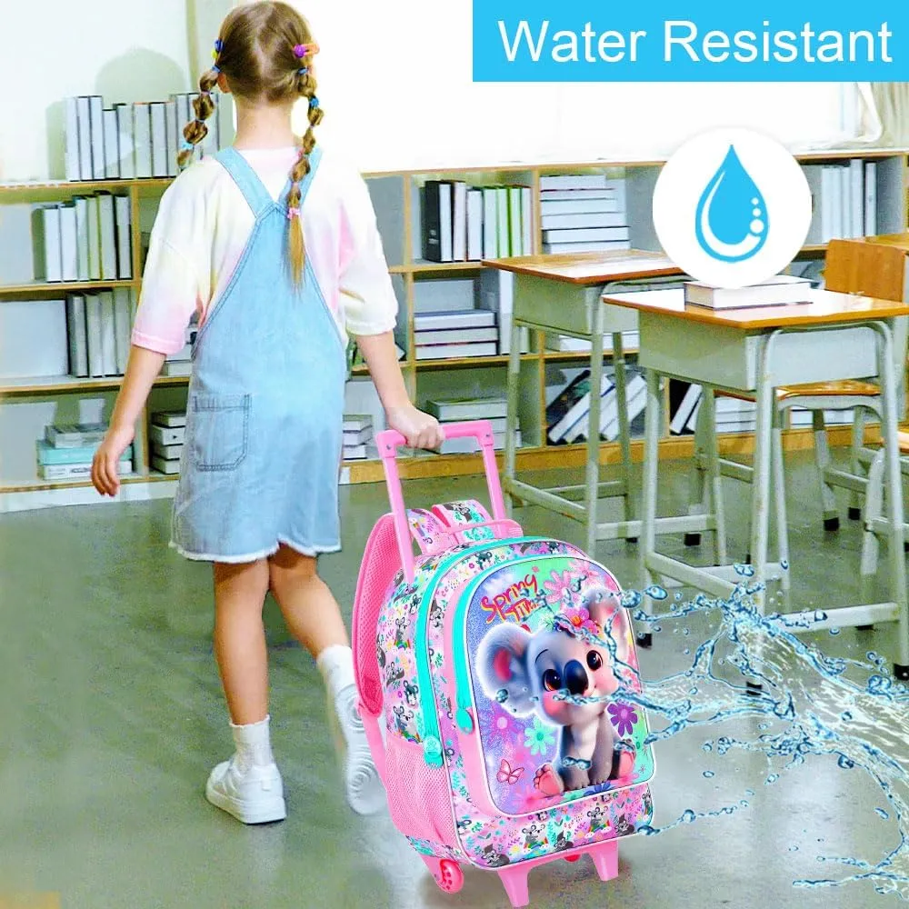 UFNDC 4PCS Rolling Backpack for Girls, Cute Kids Koala Wheeled Bookbag，Roller School Bag with Wheels for Elementary Preschool Travel