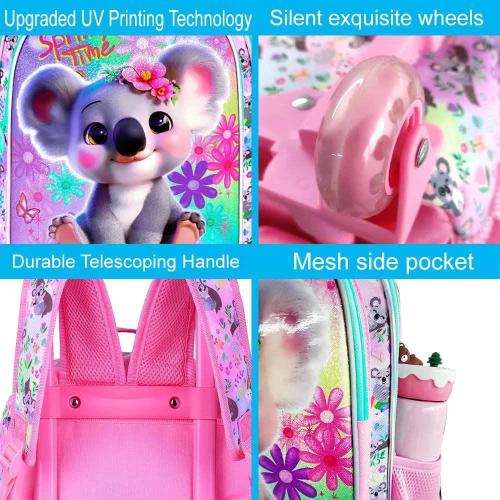 UFNDC 4PCS Rolling Backpack for Girls, Cute Kids Koala Wheeled Bookbag，Roller School Bag with Wheels for Elementary Preschool Travel