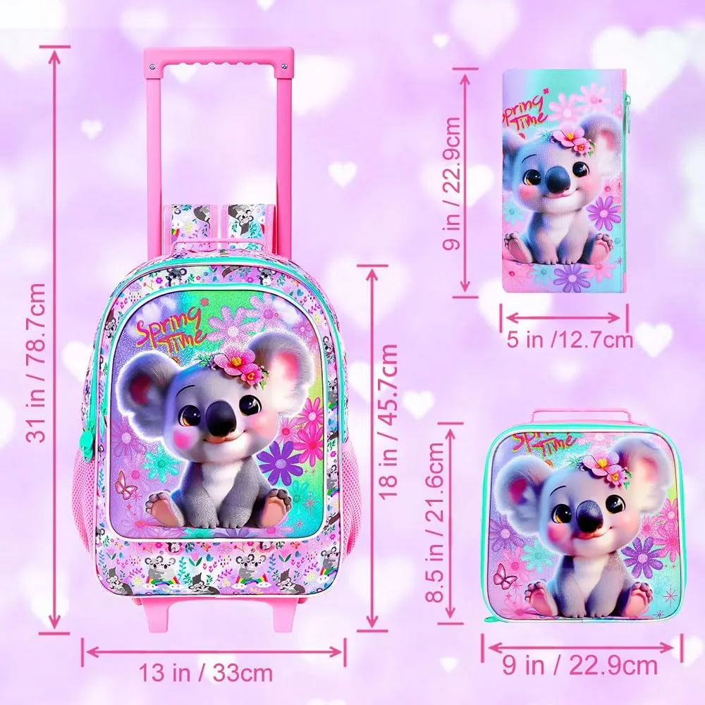 UFNDC 4PCS Rolling Backpack for Girls, Cute Kids Koala Wheeled Bookbag，Roller School Bag with Wheels for Elementary Preschool Travel
