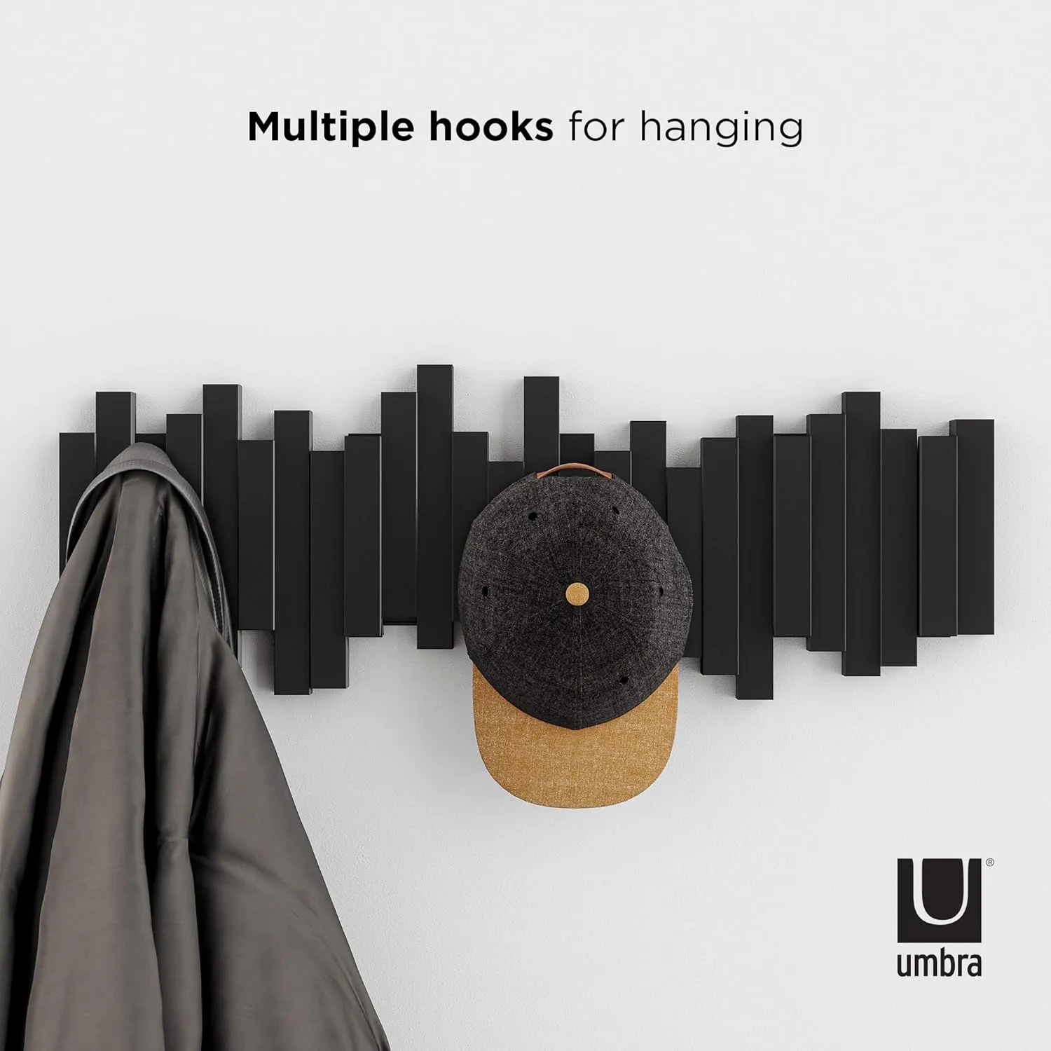Umbra Sticks Wall-Mounted Coat Rack Rail Hook with 5 Retractable Pegs – Modern, Space-Saving Storage Organizer, Black