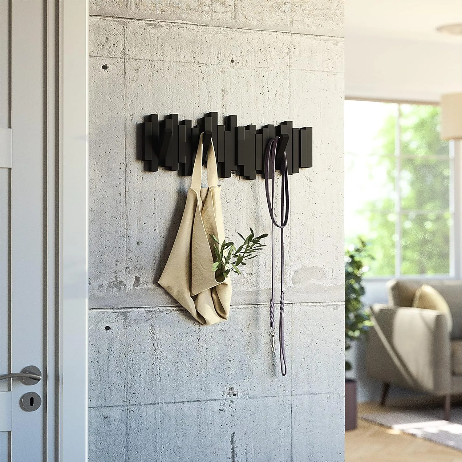 Umbra Sticks Wall-Mounted Coat Rack Rail Hook with 5 Retractable Pegs – Modern, Space-Saving Storage Organizer, Black