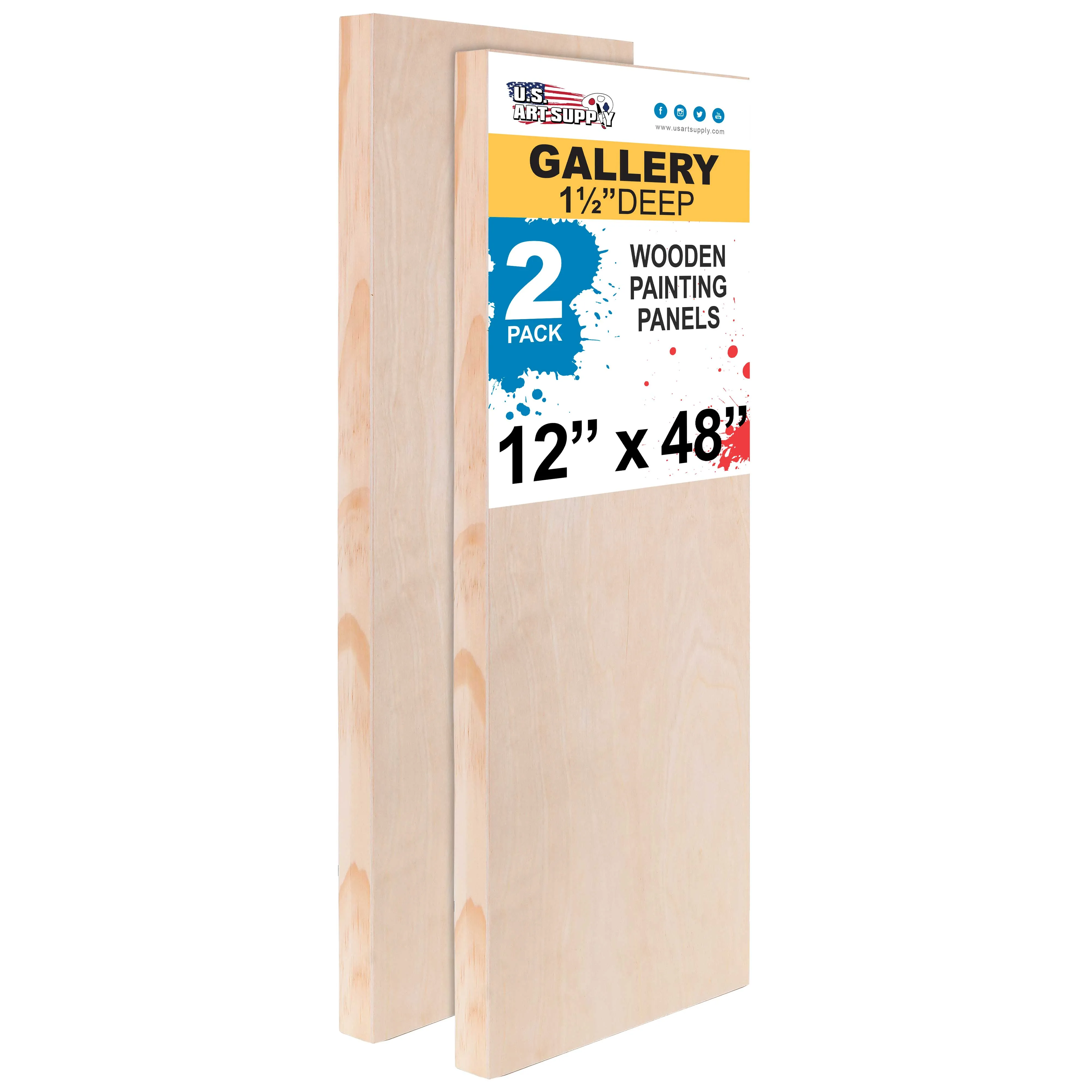 Unfinished Cradled Wood Panels for Painting, 2 Pack of 12x48 inch - Gallery Birch Wooden Canvas Boards 1-1/2" Deep - Mixed-Media Craft, Acrylic, Oil, Encaustic, Paint Pouring