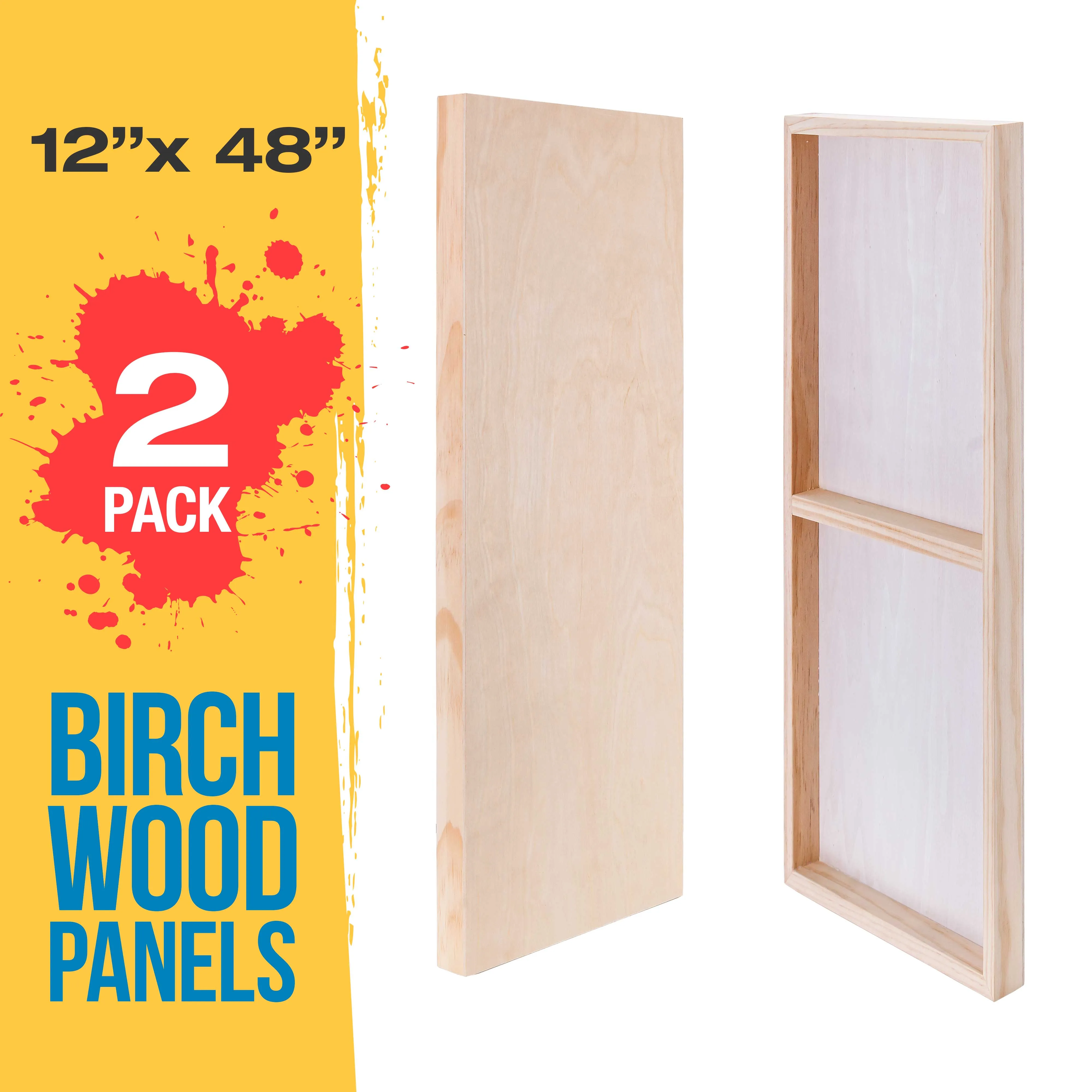 Unfinished Cradled Wood Panels for Painting, 2 Pack of 12x48 inch - Gallery Birch Wooden Canvas Boards 1-1/2" Deep - Mixed-Media Craft, Acrylic, Oil, Encaustic, Paint Pouring