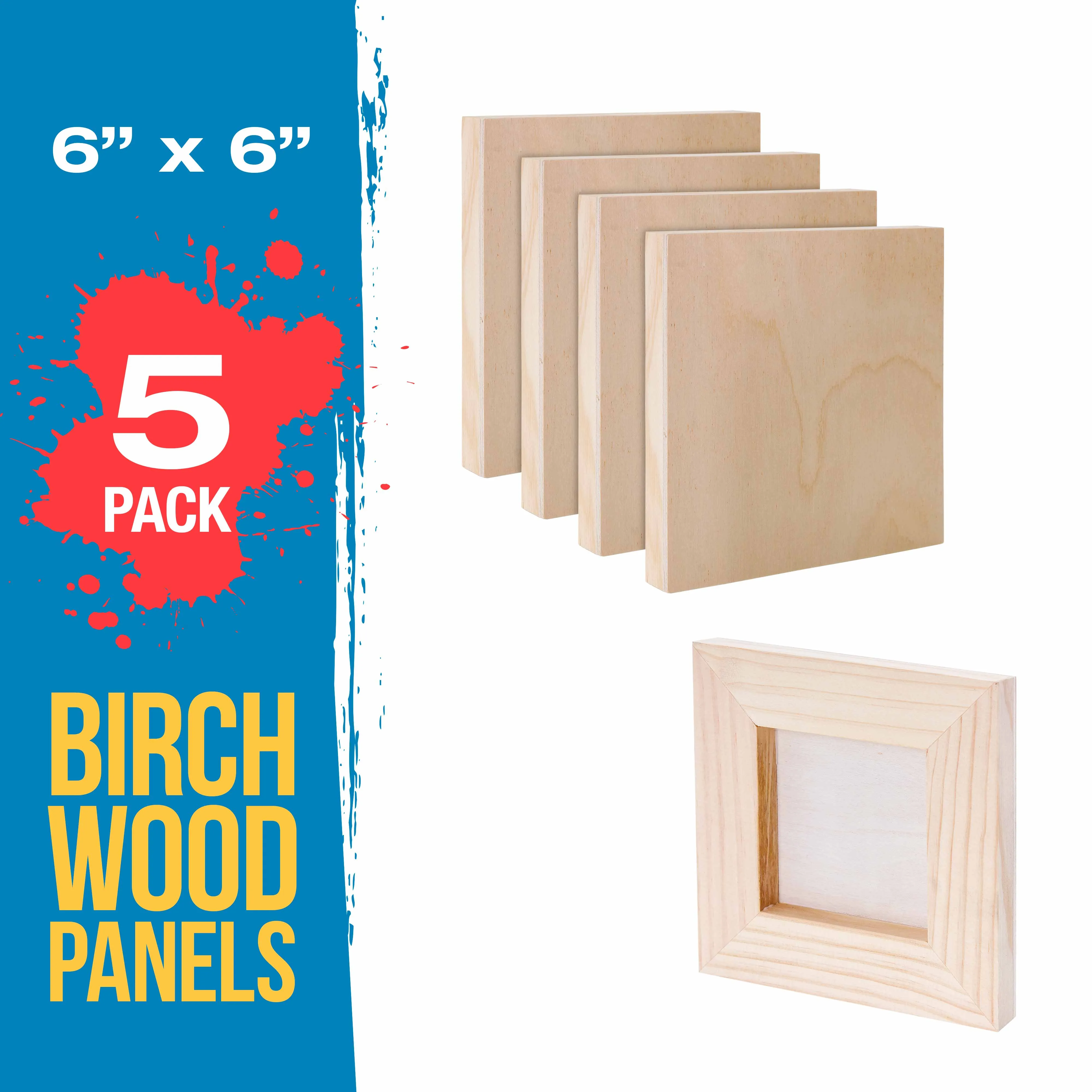 Unfinished Cradled Wood Panels for Painting, 5 Pack of 6x6 inch - Studio Birch Wooden Canvas Boards 3/4" Deep - Mixed-Media Craft, Acrylic, Oil, Encaustic, Paint Pouring Panel Board