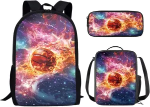 UNICEU Galaxy Basketball Kids School Backpack with Lunch Box Pencil Case 3 in 1 Bookbag Back to School Supplies