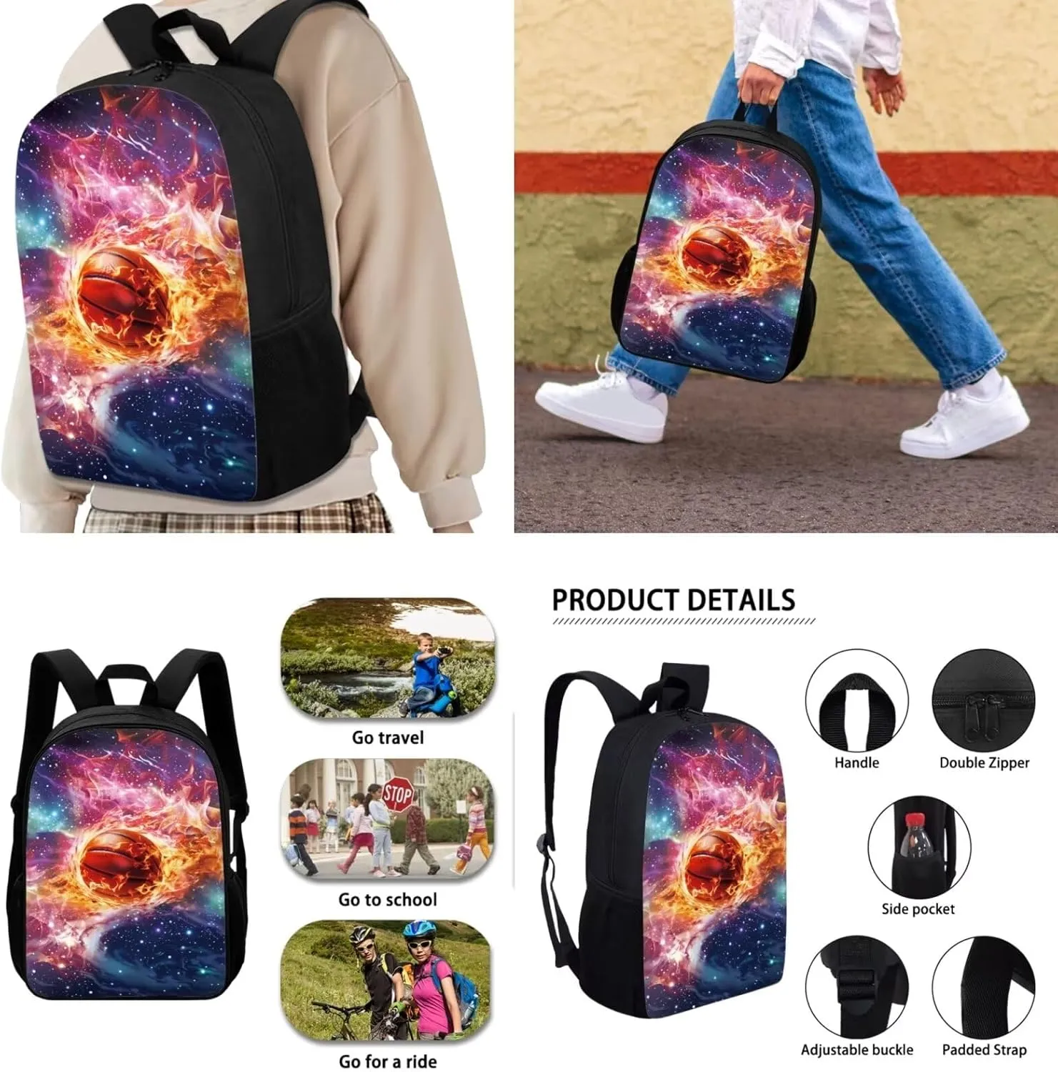 UNICEU Galaxy Basketball Kids School Backpack with Lunch Box Pencil Case 3 in 1 Bookbag Back to School Supplies