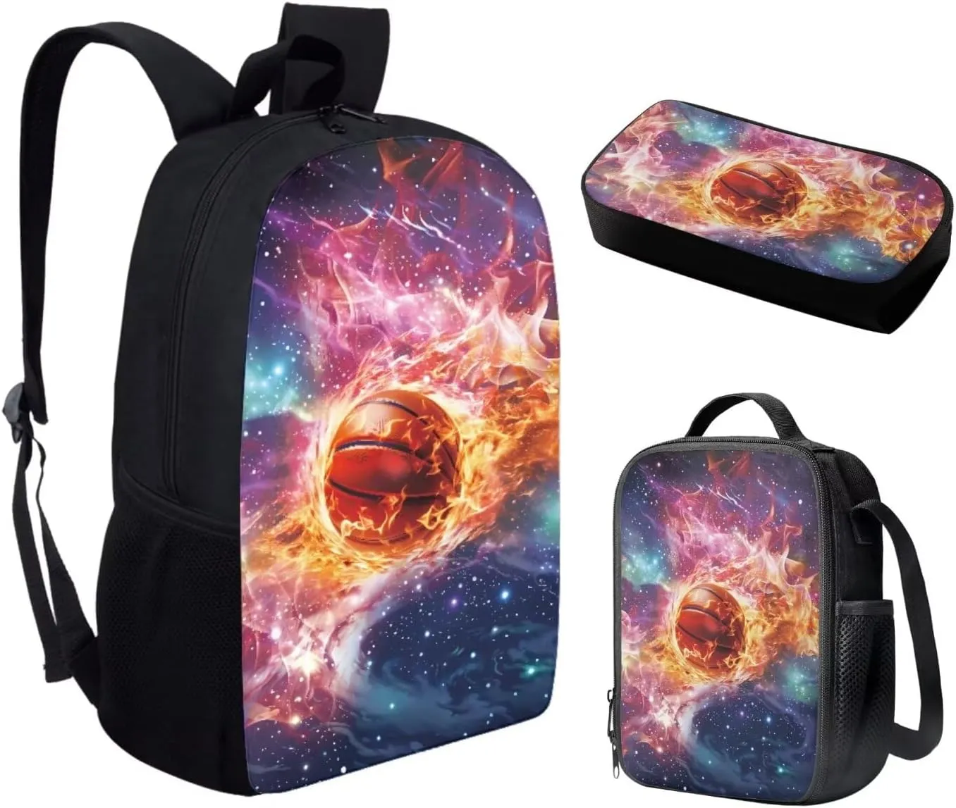 UNICEU Galaxy Basketball Kids School Backpack with Lunch Box Pencil Case 3 in 1 Bookbag Back to School Supplies