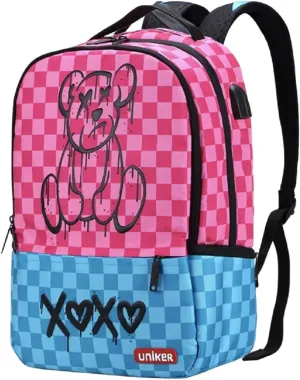 UNIKER Pink Laptop Backpack with USB Charging Port for School Teens Girls, Water Resistant Travel Backpack for Women, Middle School Backpack for 15.6 Inch Laptop, Pink Bear