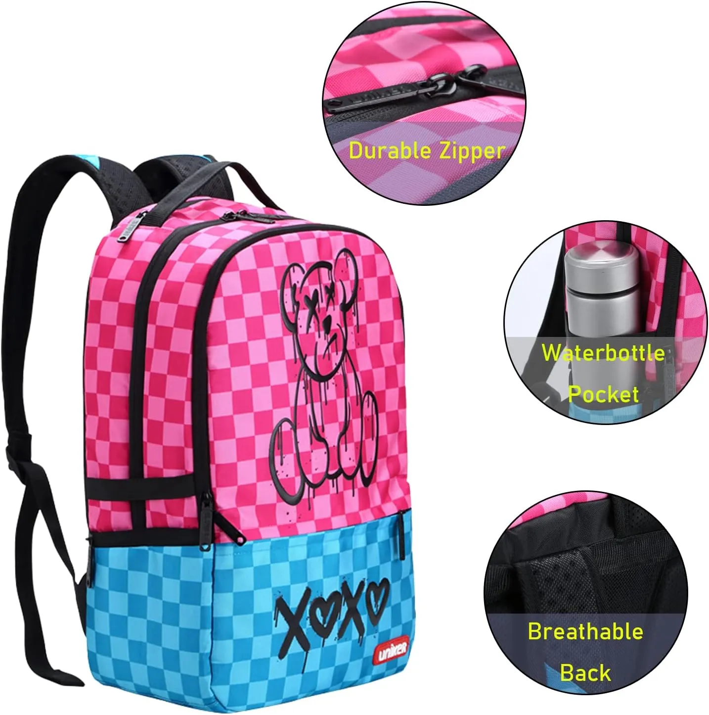 UNIKER Pink Laptop Backpack with USB Charging Port for School Teens Girls, Water Resistant Travel Backpack for Women, Middle School Backpack for 15.6 Inch Laptop, Pink Bear