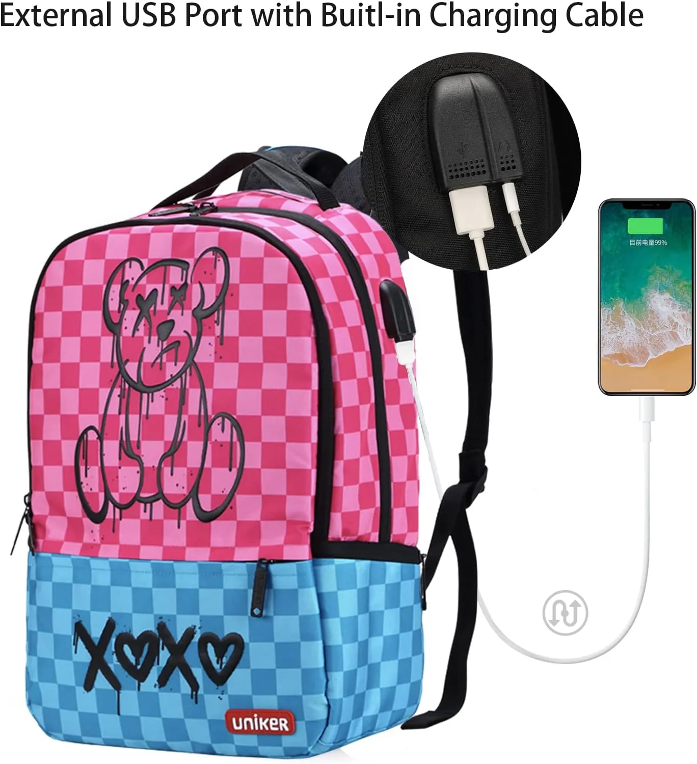 UNIKER Pink Laptop Backpack with USB Charging Port for School Teens Girls, Water Resistant Travel Backpack for Women, Middle School Backpack for 15.6 Inch Laptop, Pink Bear